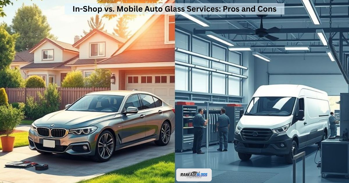 Comparison of mobile auto glass service at home versus in-shop windshield repair services.