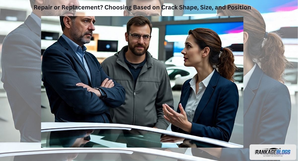 Comparison chart illustrating when to repair or replace a windshield based on crack shape, size, and position for optimal safety decisions.