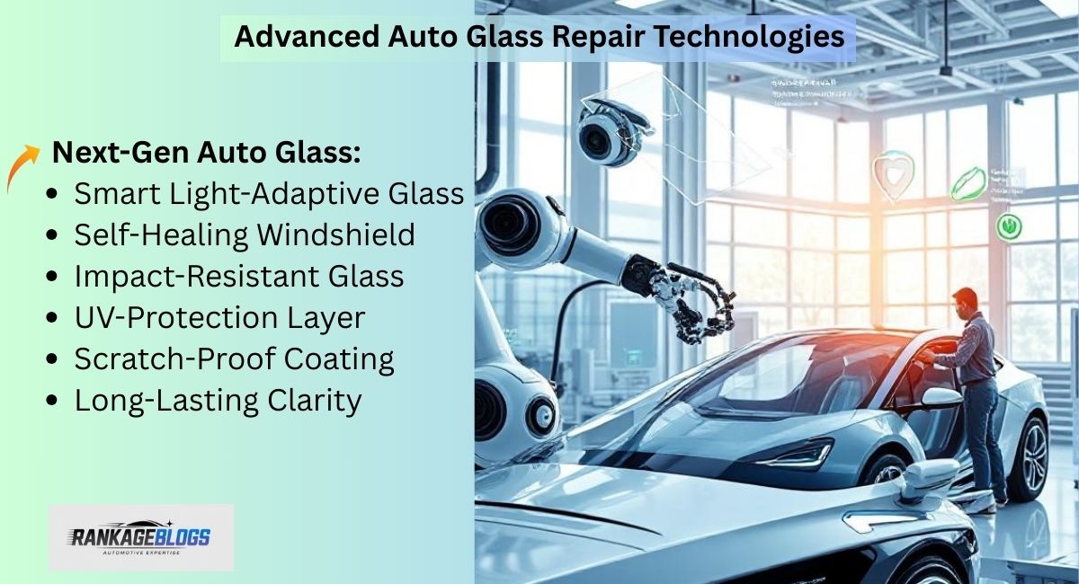 Futuristic auto glass lab with robotic arms repairing and testing smart, self-healing, light-adaptive windshields for electric vehicles.