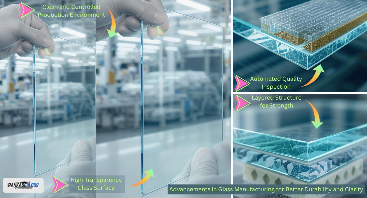 Advanced automotive glass manufacturing process showing ultra-clear, durable windshield under bright inspection lights with high-tech machinery in the background.