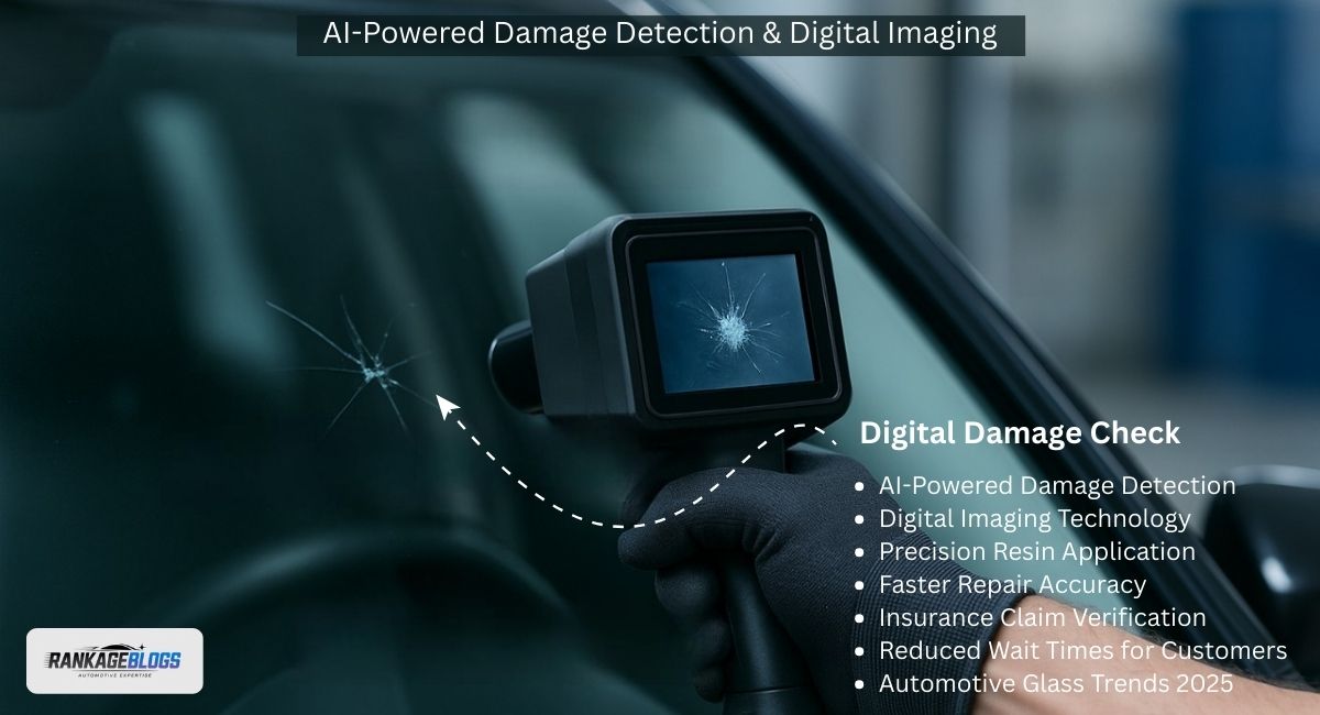 AI-powered system analyzing windshield damage using digital imaging to guide precision repair and support fast insurance claim verification.