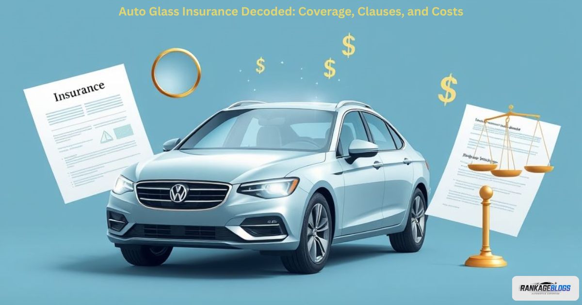"Illustration of auto glass insurance coverage showing a car windshield, policy documents, and cost symbols representing clauses, coverage, and deductibles."