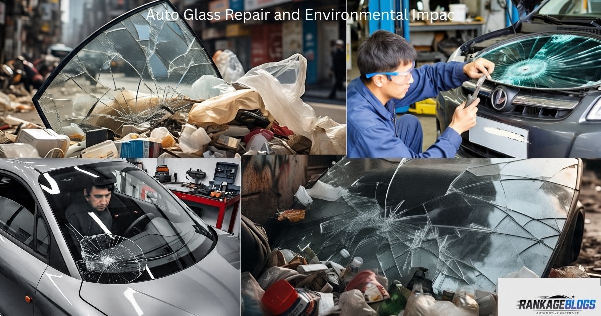 "A shattered windshield lying in a junk pile; a mechanic sitting inside a car inspecting a damaged front windshield; another mechanic repairing a windshield in the workshop; a second broken windshield discarded in a landfill-like area."