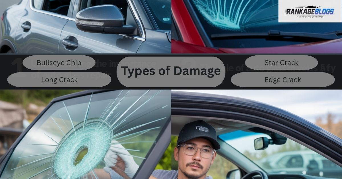 "A new car displayed for clarity, followed by close-up visuals of front windshield damage including a completely shattered glass. Overlaid text shows the heading 'Types of Damage' with labeled examples: Bullseye Chip, Long Crack, Star Crack, and Edge Crack."