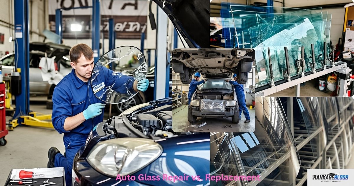"A multi-image layout under the heading 'Auto Glass Repair vs Replacement': the first image shows a mechanic inspecting a damaged windshield in a workshop; the second image features two mechanics replacing a car's front windshield; the third and fourth images display new windshields showcased in a glass shop."