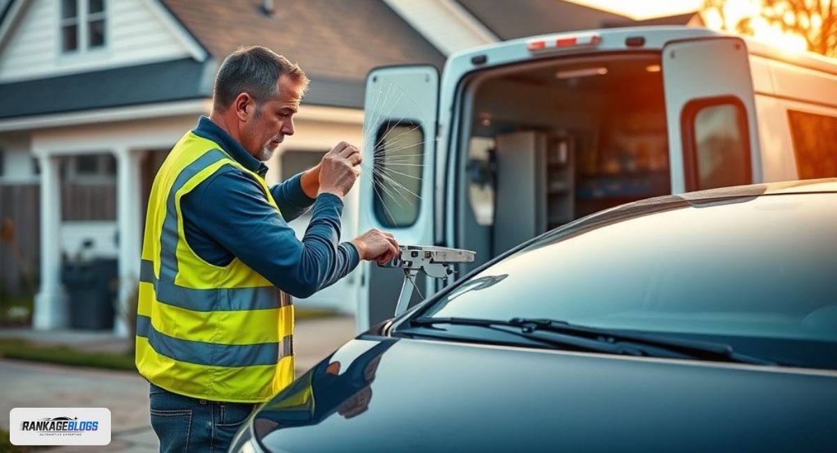 A satisfied customer shakes hands with a mobile auto glass technician after a successful windshield repair at their home, showcasing convenience and trust
