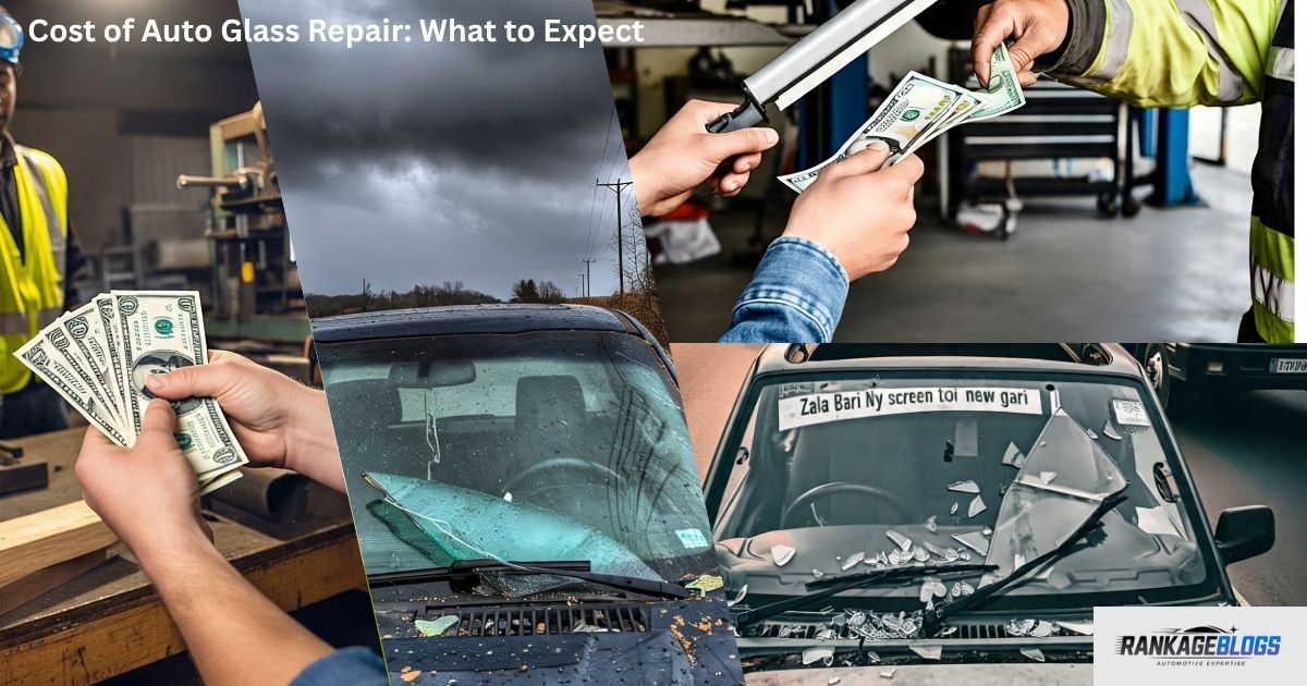 "Under the heading 'Cost of Auto Glass Repair: What to Expect', the first image shows a car owner holding dollars while paying repair workers; the second image shows a car windshield damaged in heavy rainy weather; the third image depicts a workshop worker receiving cash from a car owner; and the fourth image displays a car with a completely shattered windshield."