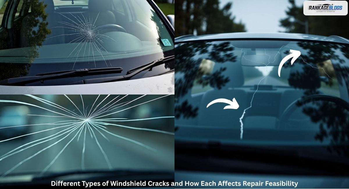 Close-up images of various windshield crack types—star, bullseye, and combination—showing how each affects the possibility of repair.