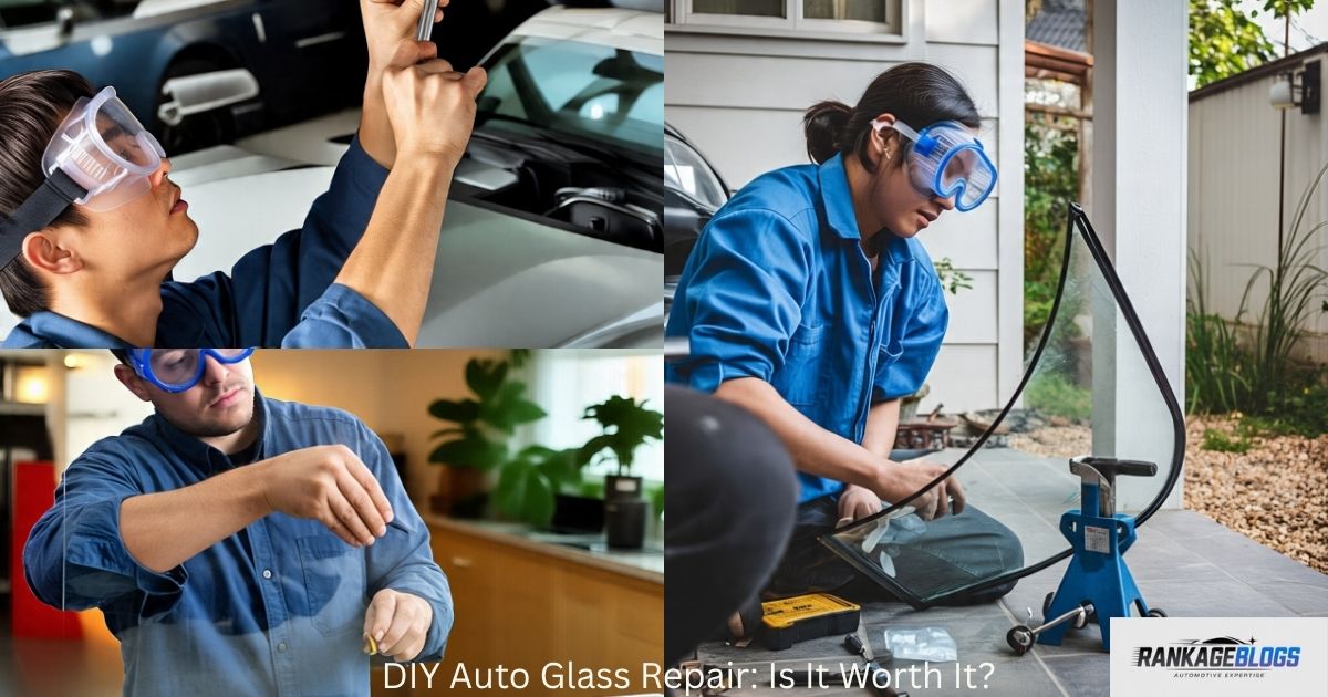 "A professional worker closely inspecting a component in a workshop; a man inspecting a damaged windshield at home; a female technician performing glass repair work on-site at a customer’s home."