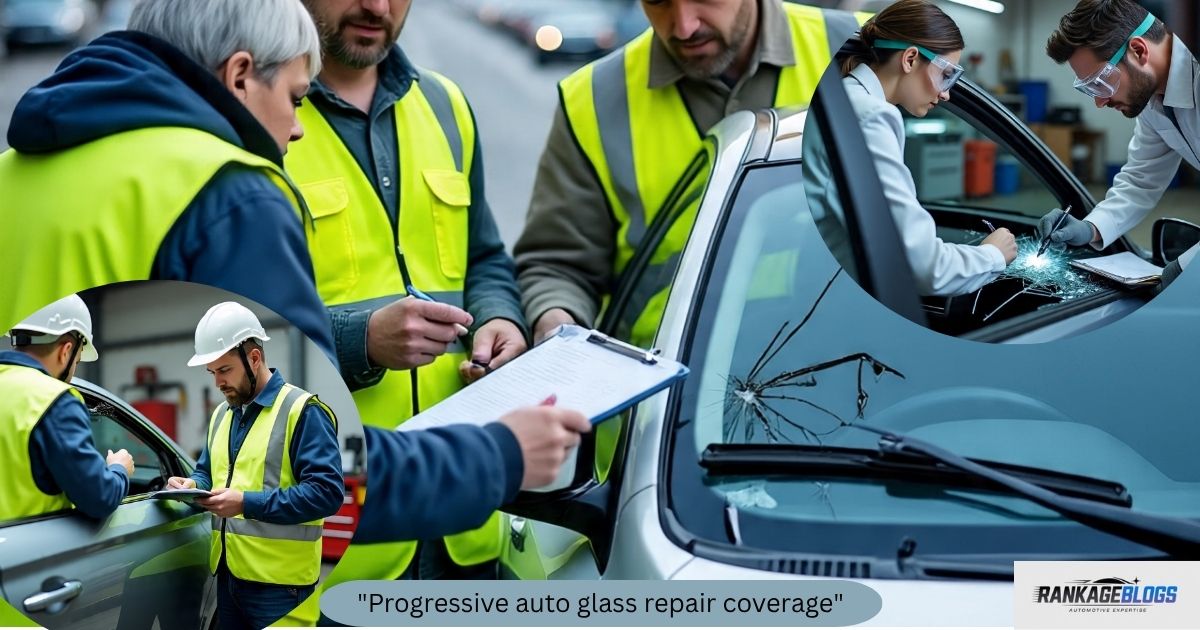 "A team of three Progressive insurance members discussing damage assessment while holding an inspection sheet; in the second scene, two workshop workers inspect a damaged windshield; in the third, two insurance team members are preparing an inspection report"