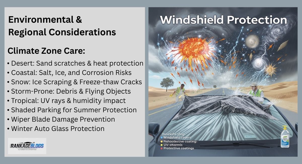 Auto glass care in different climates: desert, coastal, snow, storm-prone, and tropical zones with protective measures for windshields.