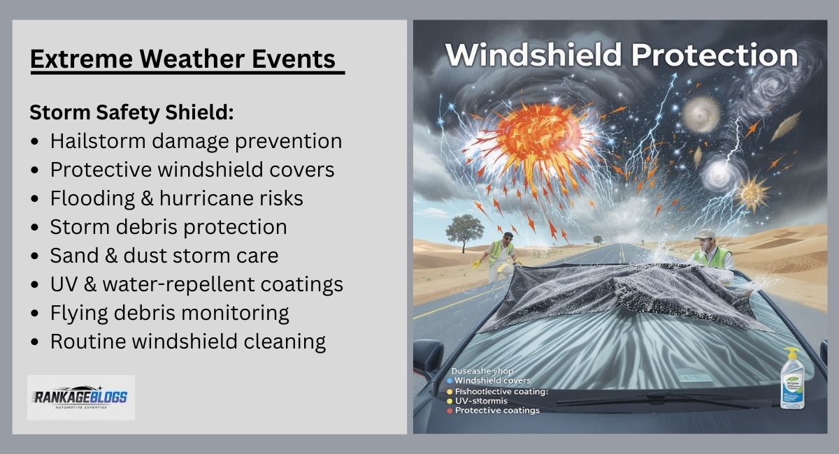Extreme weather auto glass care showing hail, flooding, sandstorms, flying debris, protective windshield covers, hydrophobic and UV coatings, and routine cleaning.