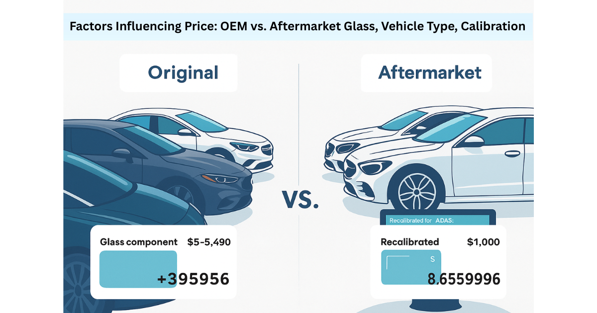 Factors affecting auto glass replacement costs: OEM vs aftermarket parts, vehicle type, ADAS calibration, and special features.