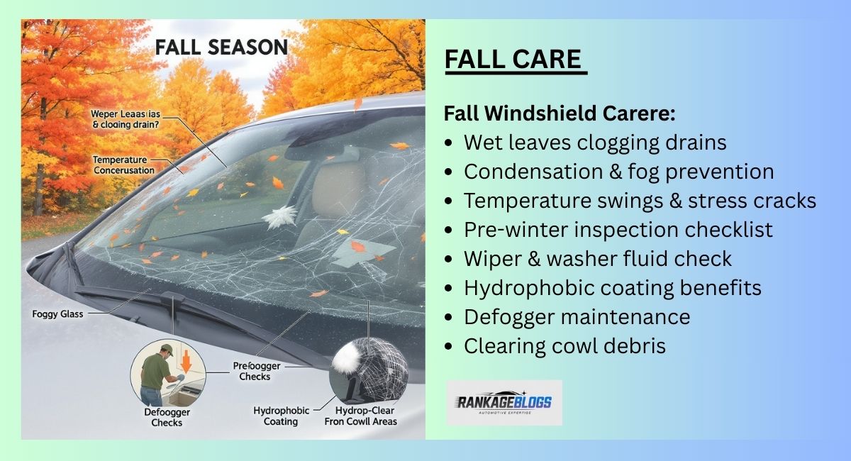 Fall auto glass care showing wet leaves, fogged windshield, temperature-related stress cracks, and preventive maintenance like cleaning, defogger checks, and hydrophobic coating.