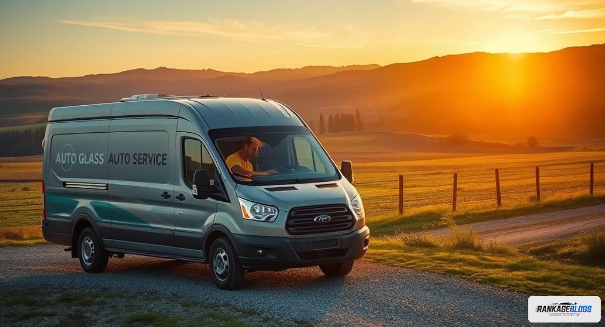 A mobile auto glass service van provides essential repair for a pickup truck in a remote rural setting at sunset, showcasing extended service coverage.