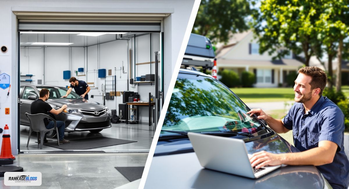 A split-image comparison: on the left, a customer waits in a shop; on the right, a customer relaxes at home during a mobile auto glass repair