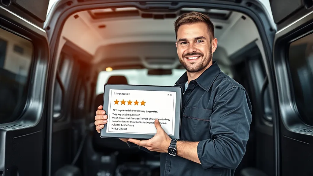 A confident mobile auto glass technician stands by his well-equipped van, showing a customer a lifetime guarantee and reviews on a tablet.