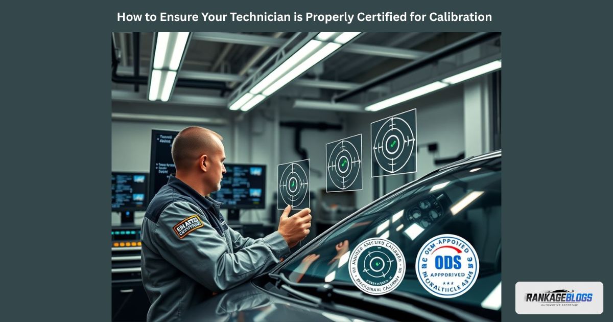 Certified auto glass technician performing ADAS calibration with proper certification and equipment.