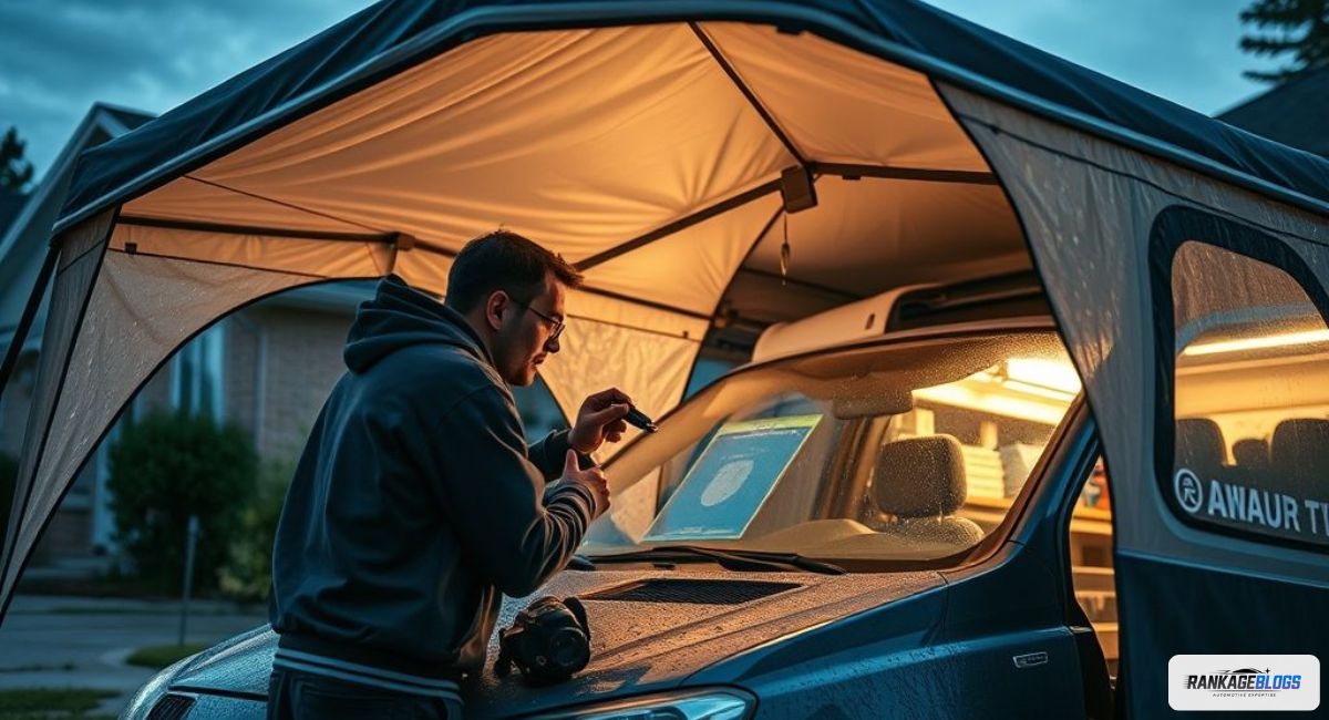 A mobile auto glass technician performs a repair under a protective portable shelter during rainy weather, ensuring a dry and professional workspace.