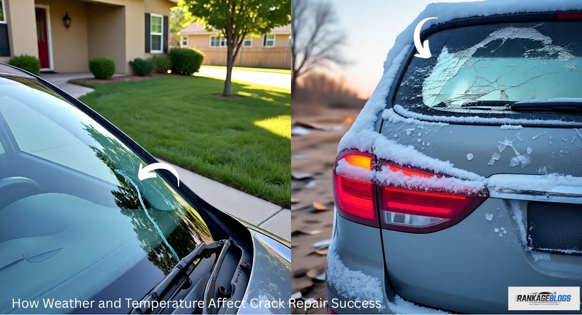 Close-up image showing a windshield with cracks caused by ice damage in cold weather on one side and heat-related damage from hot weather on the other side. Ask ChatGPT