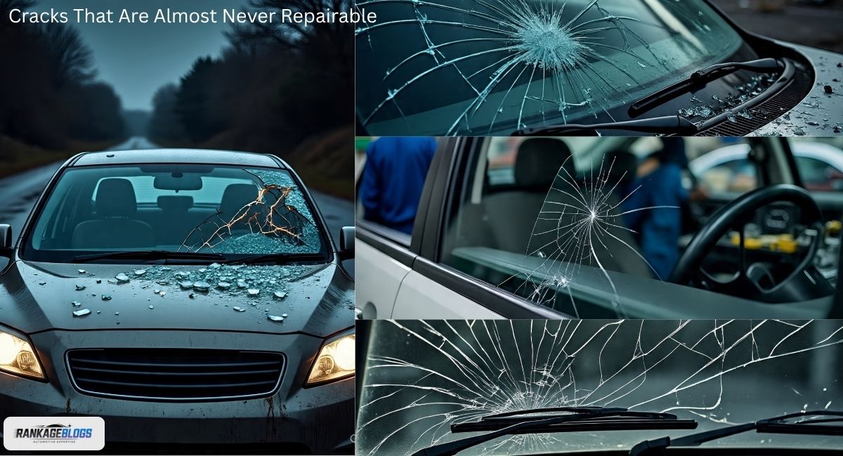 Close-up of severe windshield cracks that are typically not repairable, including long cracks, edge damage, and deep penetrations compromising safety.