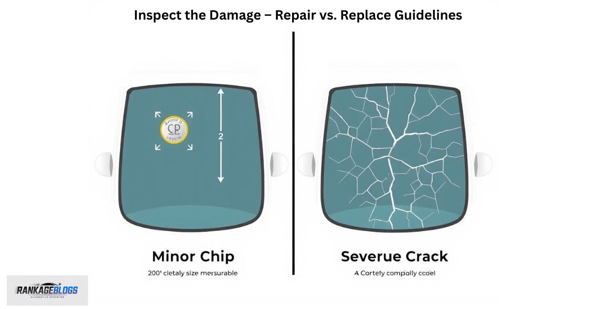 Infographic comparing repairable windshield chips versus cracks requiring full replacement with size guidelines.