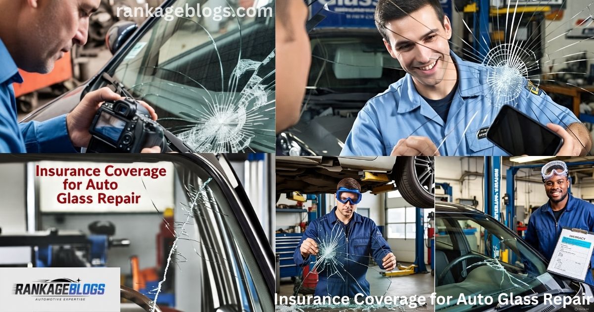 The first image shows an insurance agent recording a video of a damaged windshield for a claim; the second image displays a car with a broken front glass; the third image features an insurance team member taking photos of the damage; the fourth shows a mechanic inspecting the cracked windshield in a workshop; and the fifth image presents an insurance team member holding an inspection sheet."