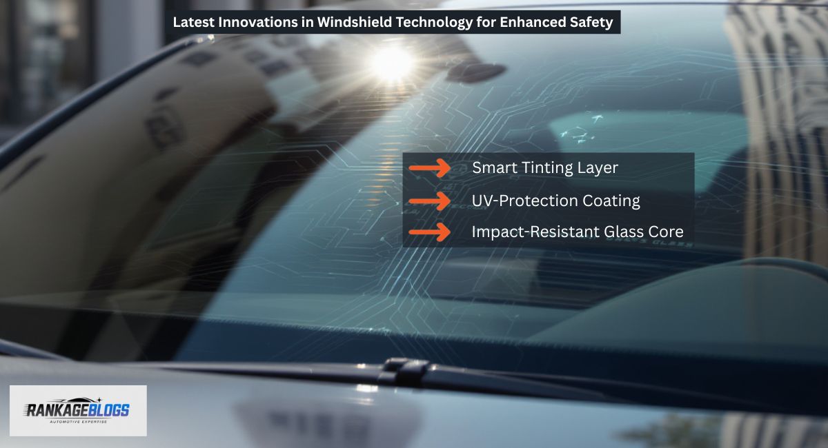 Modern luxury car windshield with smart tinting, UV protection, and impact-resistant design, set against a bright, futuristic urban street.