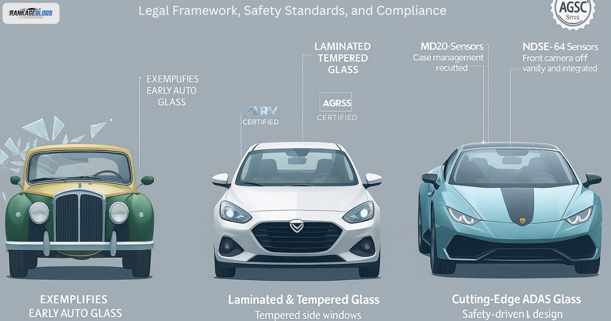 Illustration showing the evolution of auto glass safety, from plain glass in early cars to modern ADAS-integrated safety glass, with AGRSS and AGSC compliance symbols.