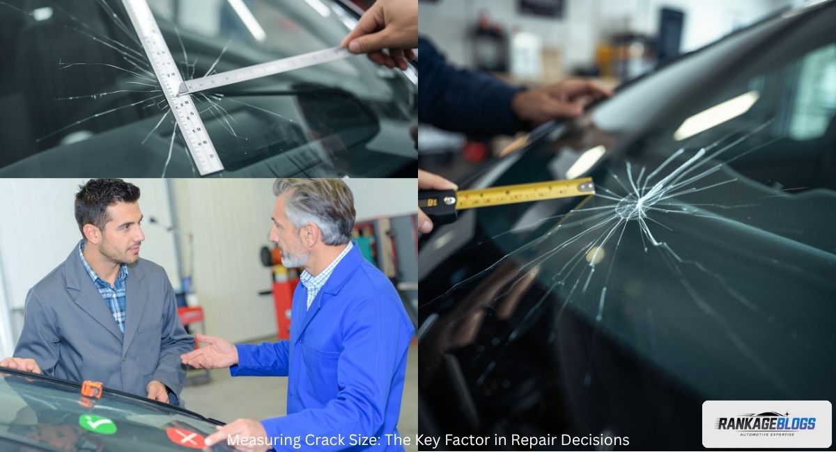 Close-up image showing a technician measuring the size of a windshield crack to determine the appropriate repair method.