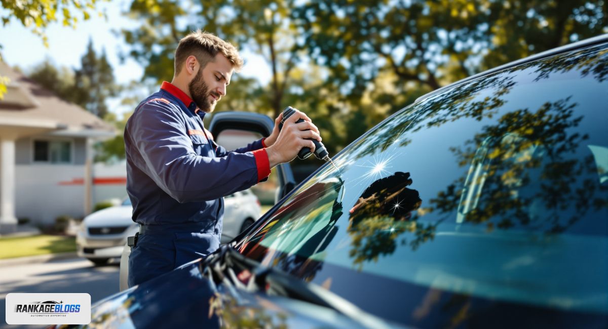 A mobile auto glass technician performs a precise windshield chip repair using UV light on a customer's car in their own driveway.