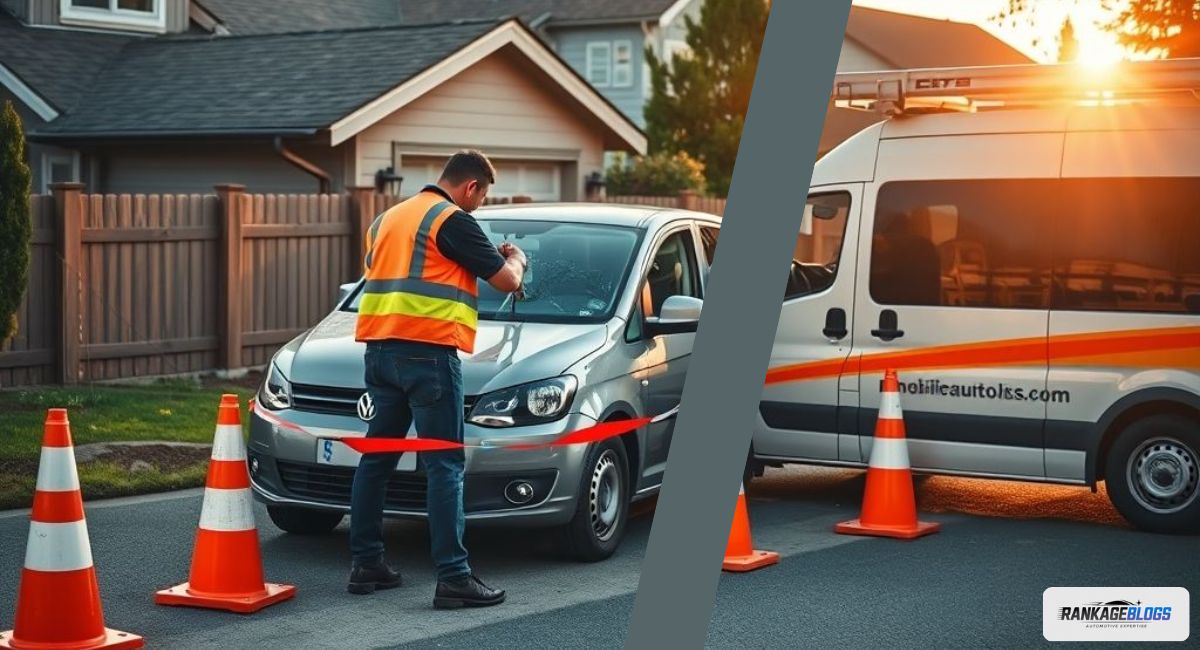 A mobile auto glass technician, wearing a safety vest, performs a repair in a secure work zone delineated by traffic cones and barriers in a customer's driveway.
