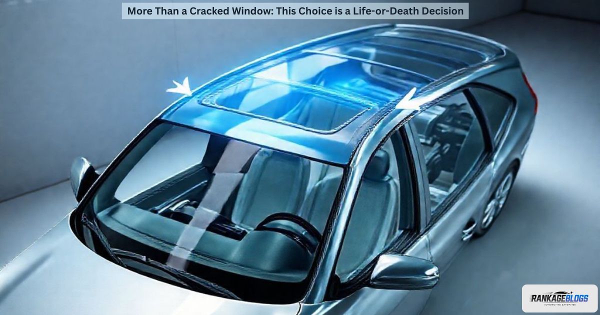 Image showing a car roof crush test and how a windshield provides structural integrity in a rollover accident.