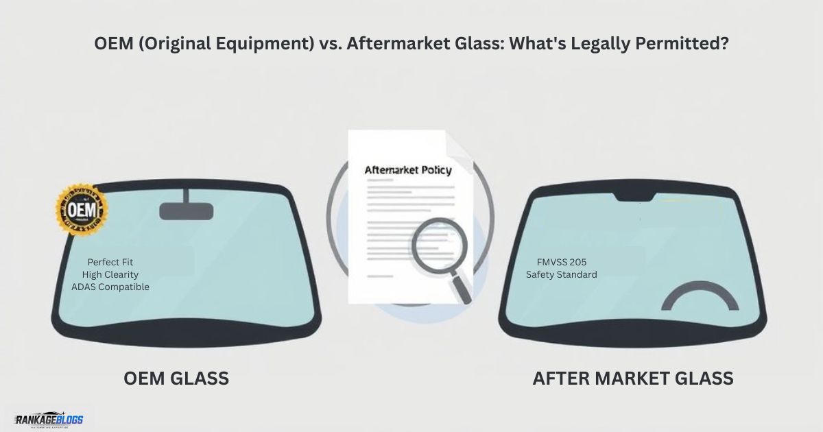 Infographic comparing OEM vs. Aftermarket auto glass, showing OEM windshield with perfect fit, high clarity, and ADAS compatibility, and aftermarket glass highlighting cost-effectiveness, FMVSS 205 compliance, and potential fit or clarity variations, with an insurance policy document in the background.
