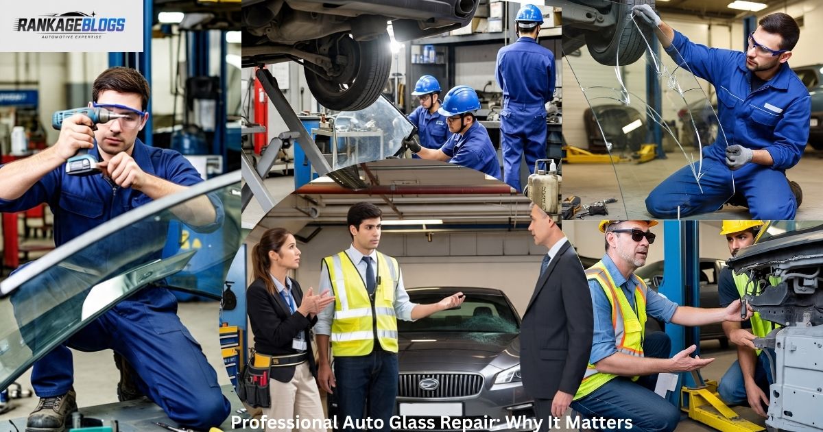 "A professional auto glass mechanic using repair tools to fix a damaged windshield; workshop mechanics inspecting a windshield for repair; one technician deeply analyzing the glass for cracks; two workers guiding a car owner about windshield damage and repair options; final image shows two workshop technicians inspecting a car's windshield for issues."