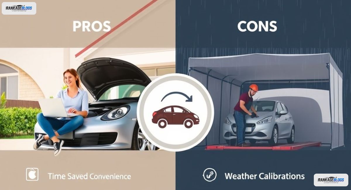 A split-image infographic comparing the pros, like convenience and time savings, and cons, like weather dependency, of mobile auto glass service versus in-shop.