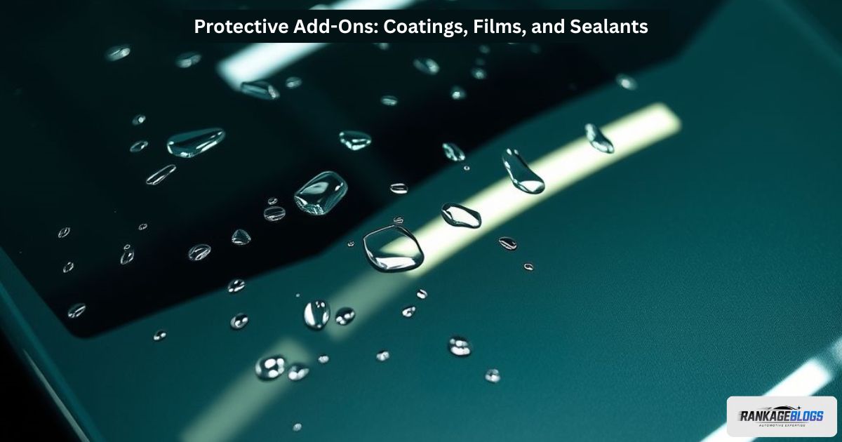 Protective windshield coatings and films application showing water repellent and chip prevention features.