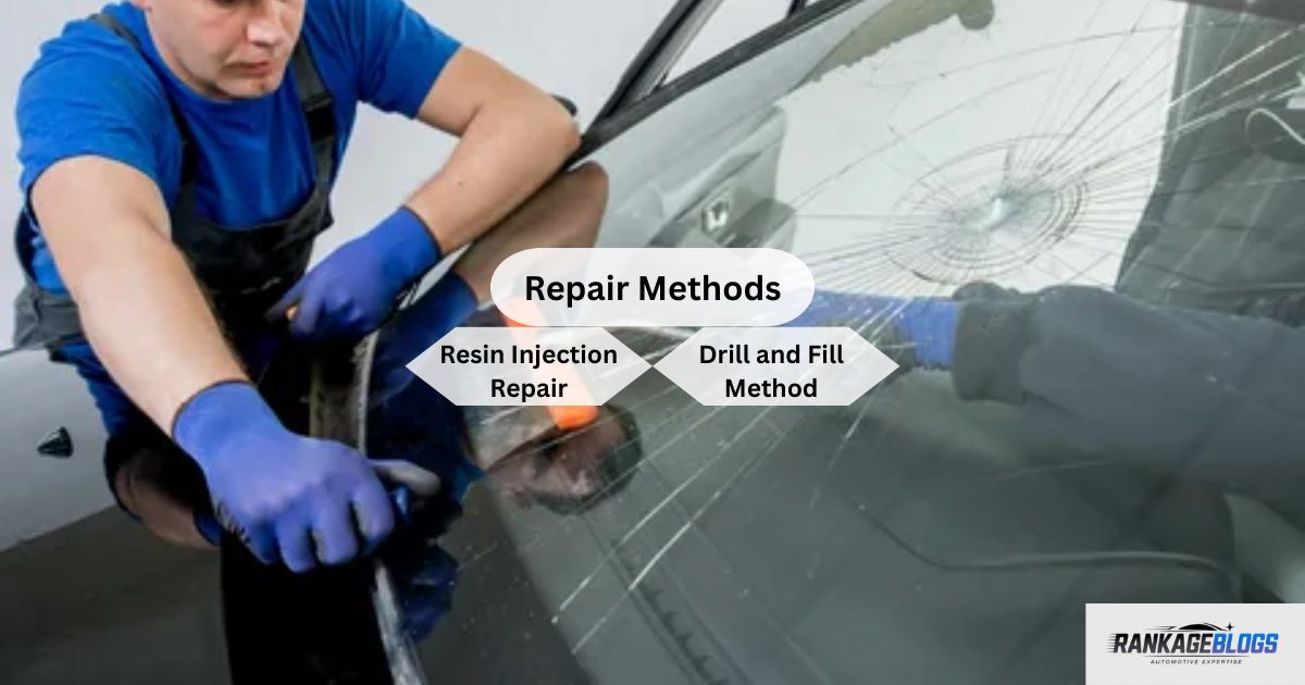 "A mechanic repairing a car’s front damaged windshield using professional tools. The image features the heading 'Repair Method' with two listed techniques: Resin Injection Repair and Drill and Fill Method."
