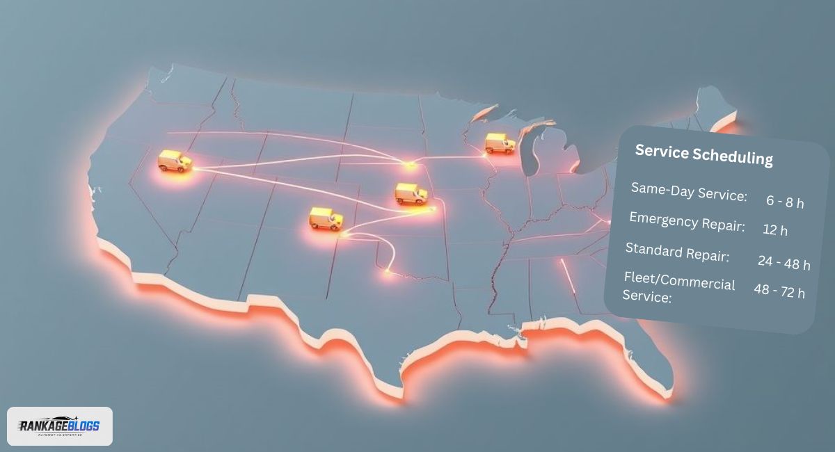 A stylized 3D map of the USA with glowing network lines and van icons visualizing urban and rural mobile auto glass service coverage and scheduling logistics.