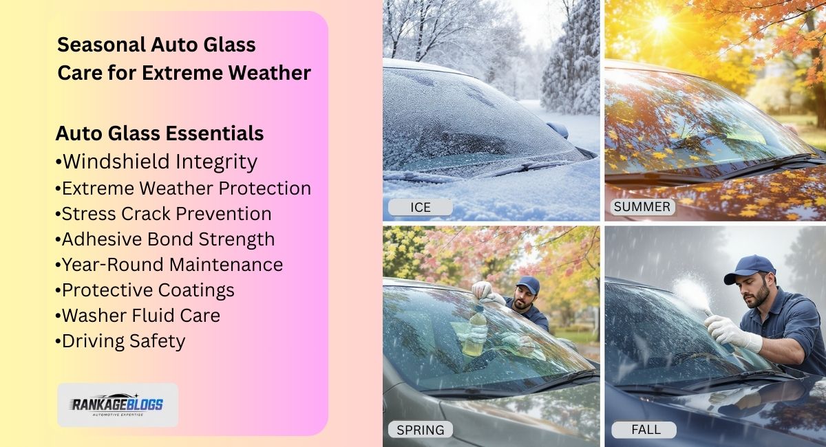Car windshield receiving seasonal care in winter, summer, spring, and fall, highlighting protective maintenance, safety, and Seasonal Auto Glass Care for Extreme Weather.