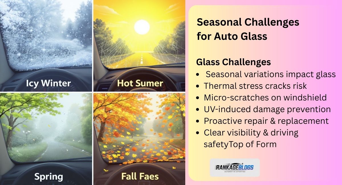 Car windshield exposed to seasonal challenges including winter frost, summer heat, spring rain and pollen, and fall fog and leaves