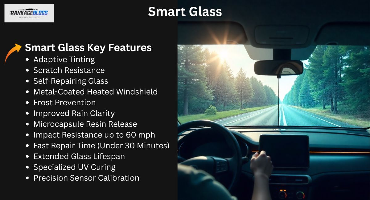 Futuristic car windshield made of smart auto glass, showing dynamic tint adjustment, self-repair glow effect, and a contrast between bright sunlight and low light.