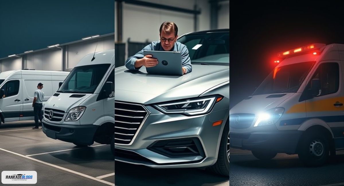 A triptych showing specialized mobile auto glass services: fleet vehicle repair in a lot, luxury car sensor calibration, and emergency roadside assistance at night.