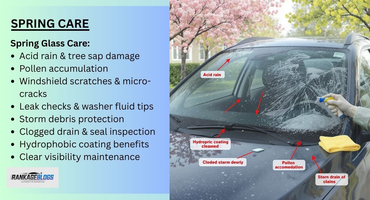 Car windshield maintenance during spring with rain, pollen, sap, and debris protection using cleaning tools and hydrophobic coating.