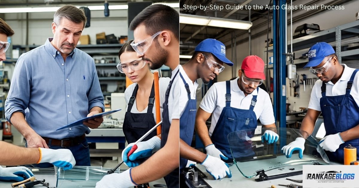 "Senior technician guiding three junior workers about windshield assessment inside an auto glass workshop; in the second image, three mechanics closely inspecting a car's new windshield together."