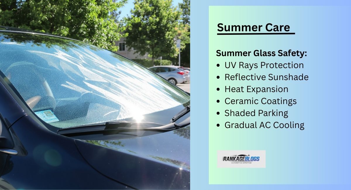 Car windshield in summer with reflective sunshade, ceramic coating, and tinted film, highlighting protection from UV damage and heat stress.