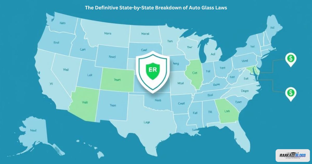 Infographic-style US map showing state-by-state auto glass laws with icons for insurance coverage and zero-deductible options.
