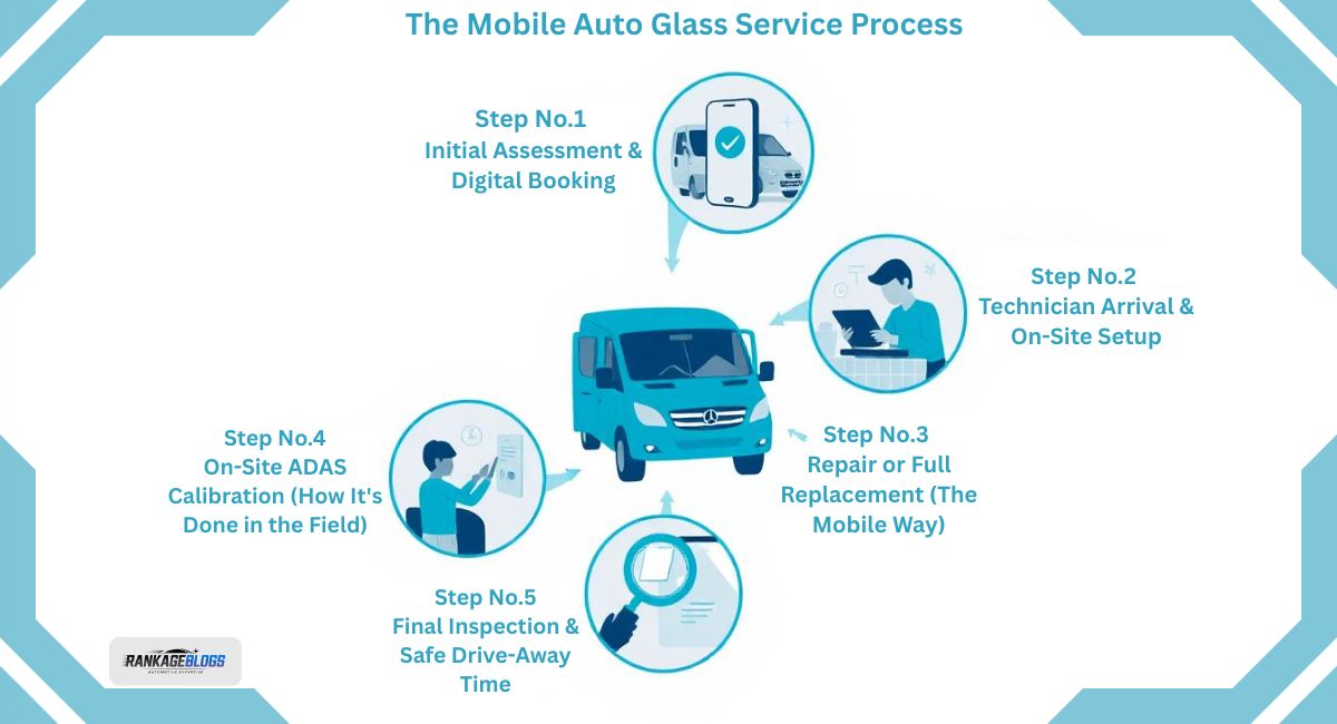 An infographic illustrating the 5-step mobile auto glass service process: 1. Assessment, 2. On-site Setup, 3. Repair/Replacement, 4. ADAS Calibration, 5. Final Inspection.