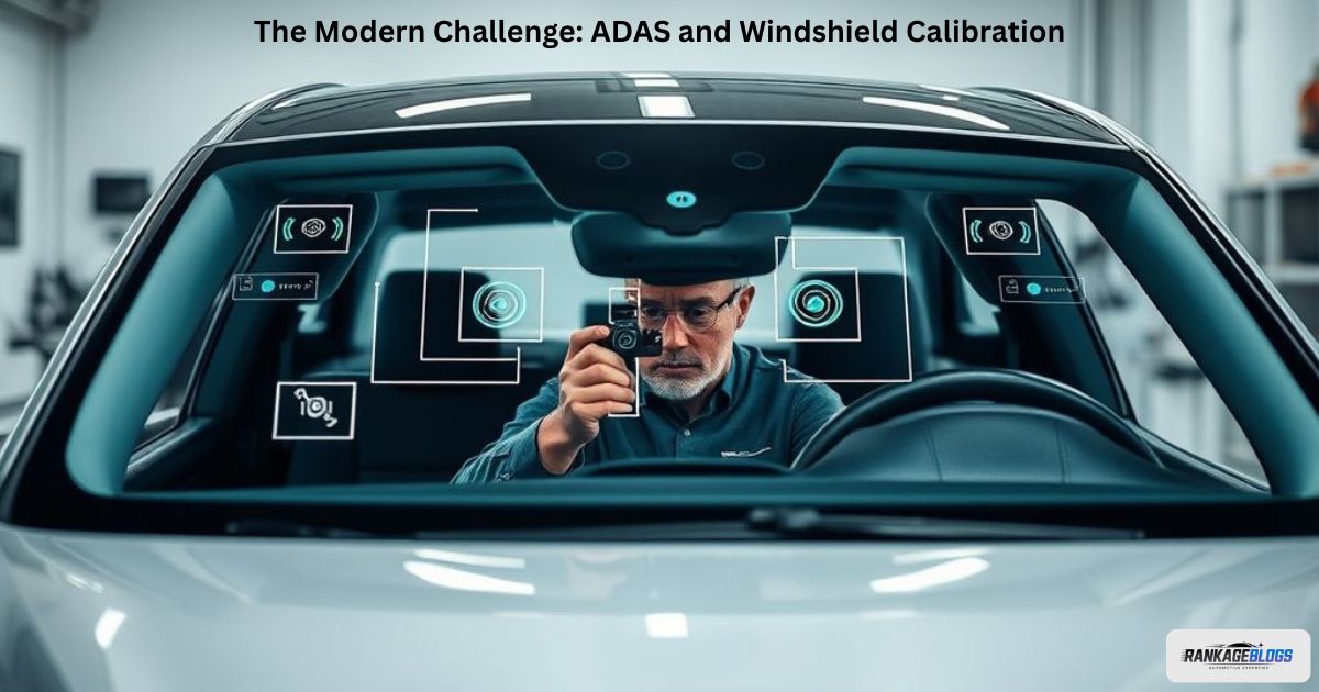 Technician performing ADAS calibration on windshield-mounted cameras and sensors after glass replacement.