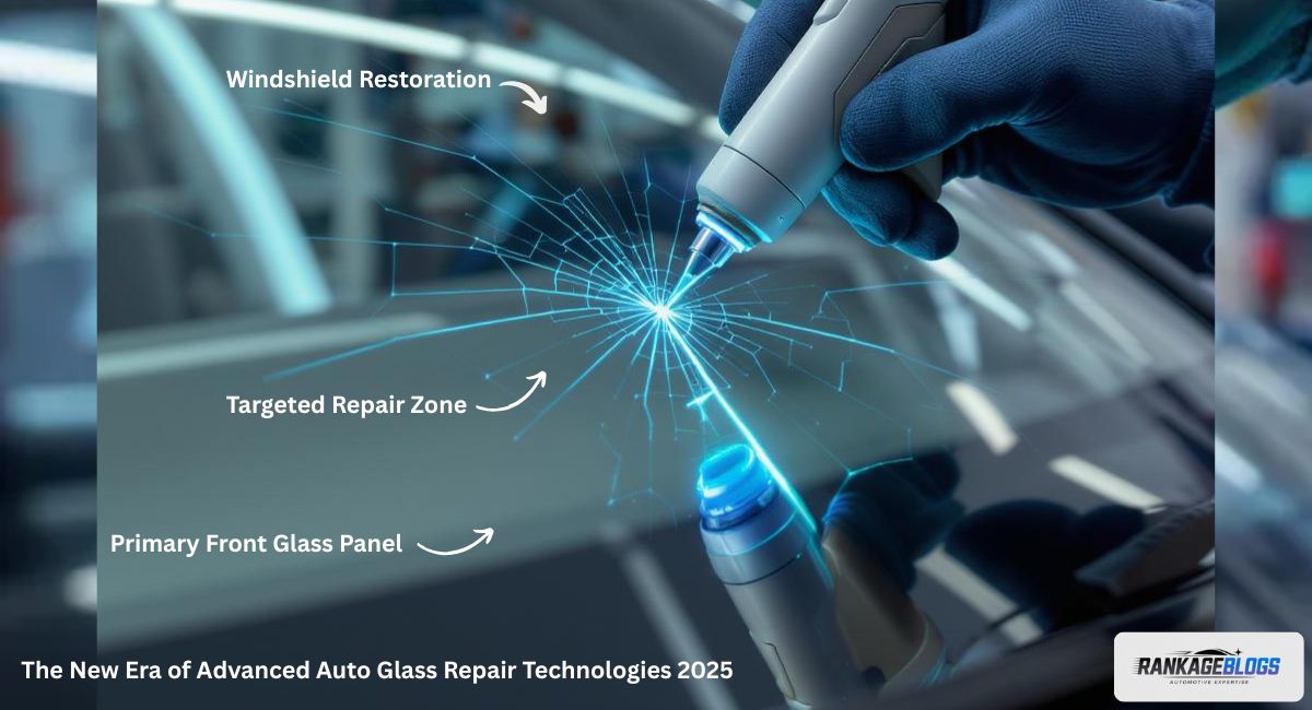 Close-up of advanced auto glass repair with technician using UV light tool on windshield crack in a high-tech workshop.